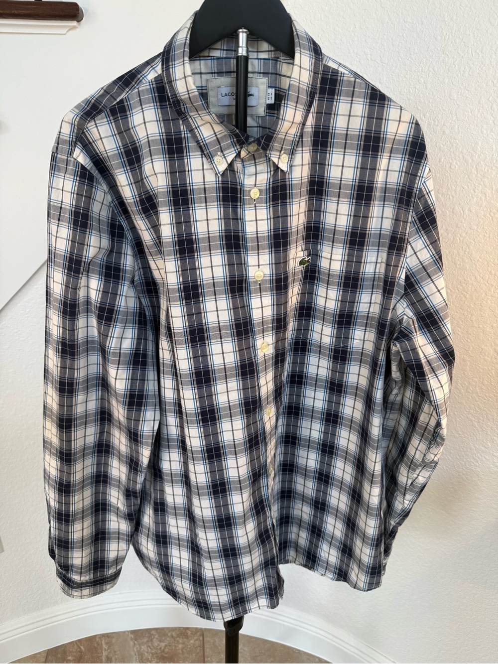 Lacoste Men’s Navy and White Plaid Button-Down Shirt with Subtle Gray Lines